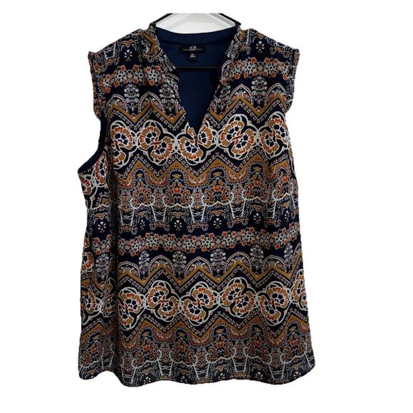 AGB Sleeveless Plus Size 4X Ethnic Boho Chic Print Blue Rust Y Neck Lined Ruffle - Picture 1 of 8